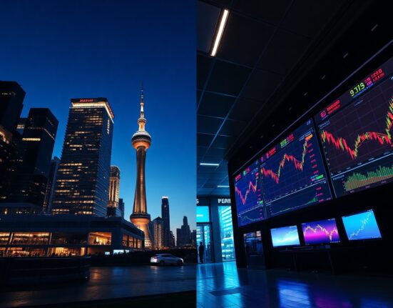 Split image of Asian skyline and Western trading floor illustrating prediction market regulatory divide