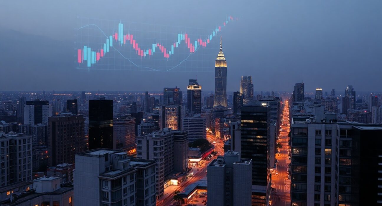 Asian financial district skyline at dusk with digital market charts overlay