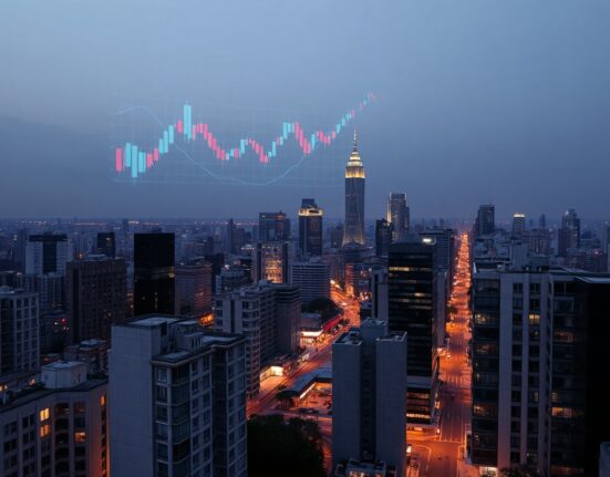 Asian financial district skyline at dusk with digital market charts overlay