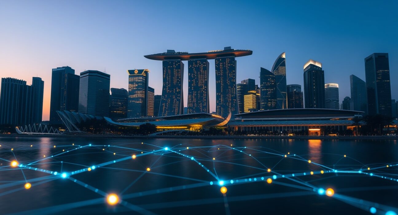 Singapore skyline at dusk with digital blockchain overlay representing stablecoin payments in Asia