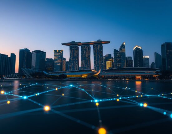 Singapore skyline at dusk with digital blockchain overlay representing stablecoin payments in Asia