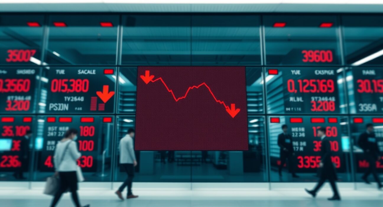 Asian stock market display board showing widespread red declines and falling indices