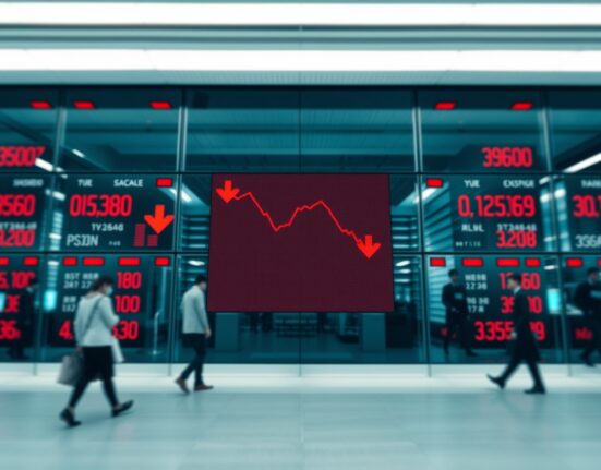 Asian stock market display board showing widespread red declines and falling indices