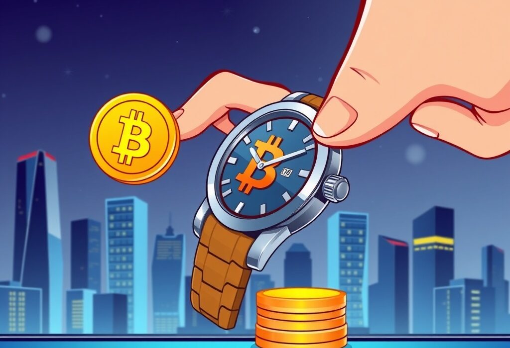 A cartoon illustration showing a luxury watch store accepting BTC payments, symbolizing AsiaStrategy's digital asset adoption.
