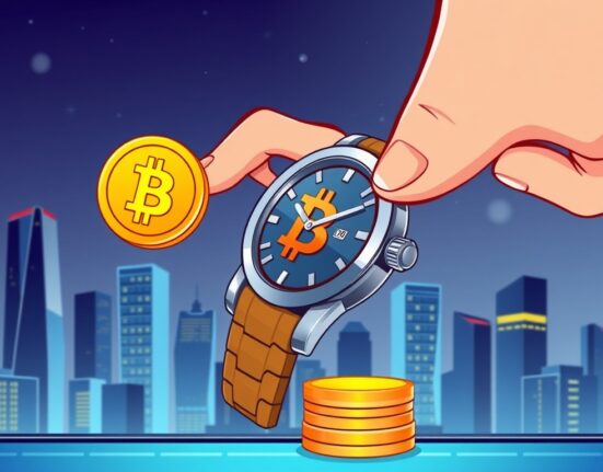 A cartoon illustration showing a luxury watch store accepting BTC payments, symbolizing AsiaStrategy's digital asset adoption.