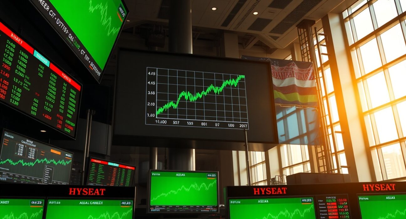 Trading floor screens showing rising Asian and European stock market indices.