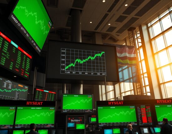 Trading floor screens showing rising Asian and European stock market indices.