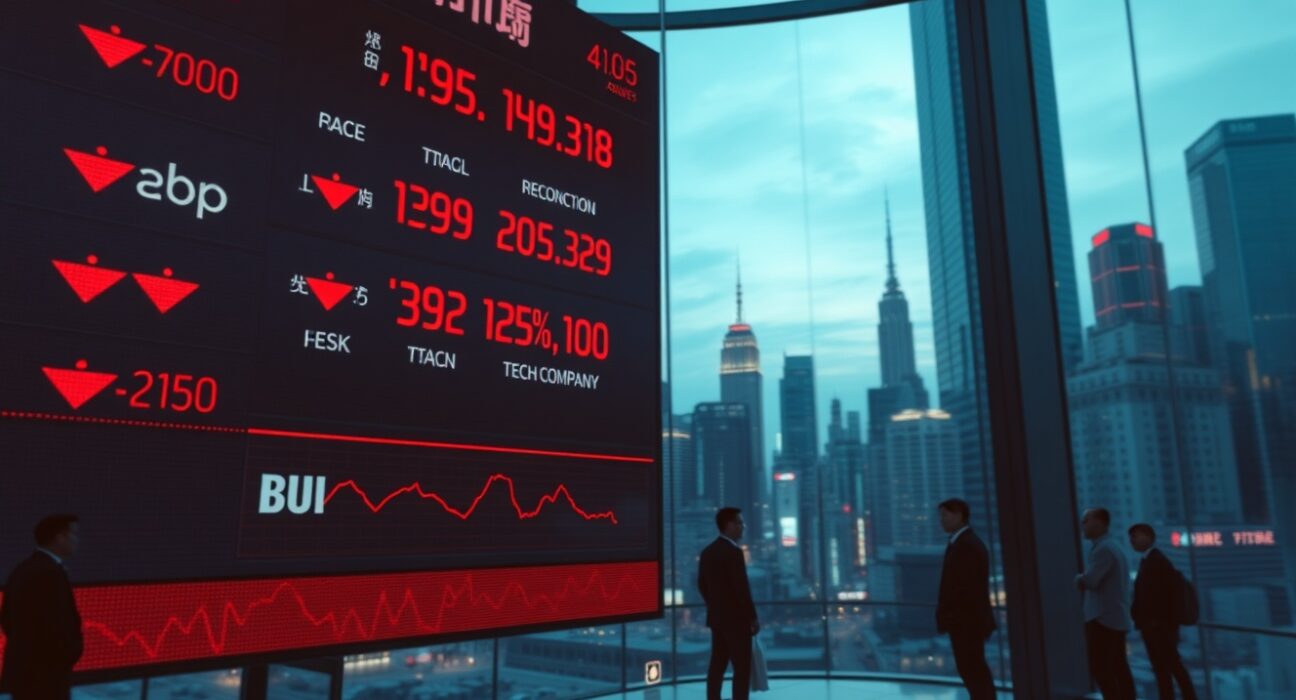 Asian stock market ticker board showing red numbers and tech stock declines in a financial district