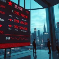 Asian stock market ticker board showing red numbers and tech stock declines in a financial district