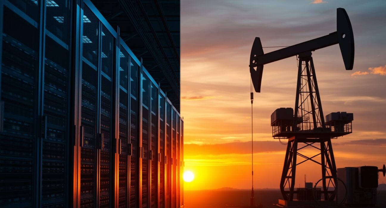 Split image of a data center and an oil rig representing AI investment and energy markets