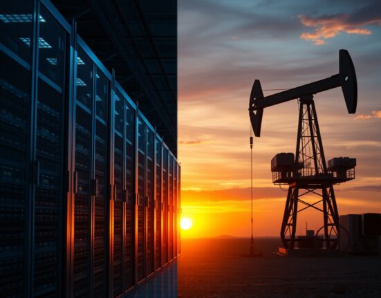 Split image of a data center and an oil rig representing AI investment and energy markets