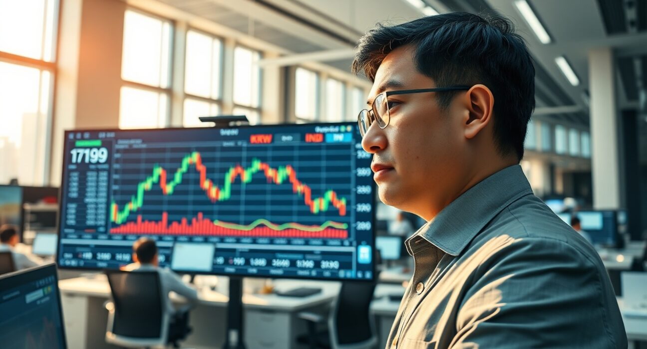 Financial analyst examining Asian currency vulnerability and US dollar strength charts in Singapore trading environment