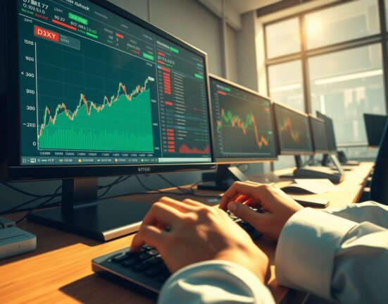 Trader monitors Asian currency volatility and US dollar strength on financial market screens.