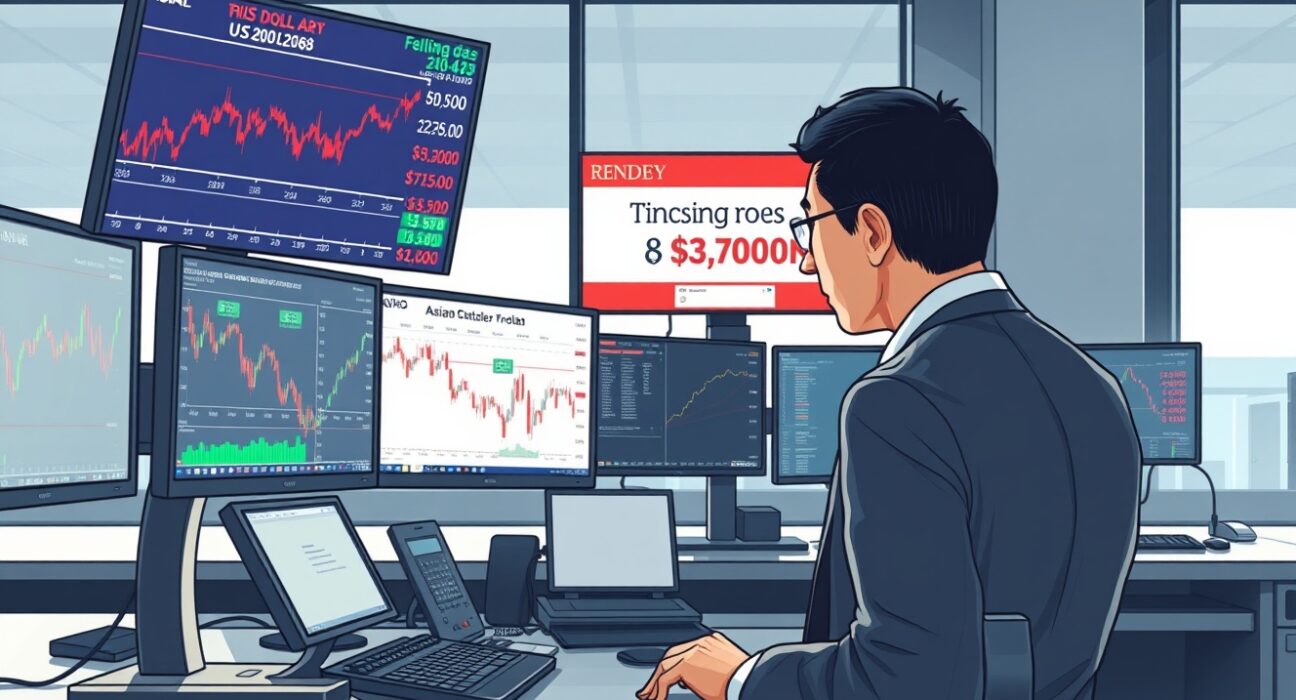 Trader monitors falling Asian currency charts as US-Iran peace talks collapse impacts forex markets