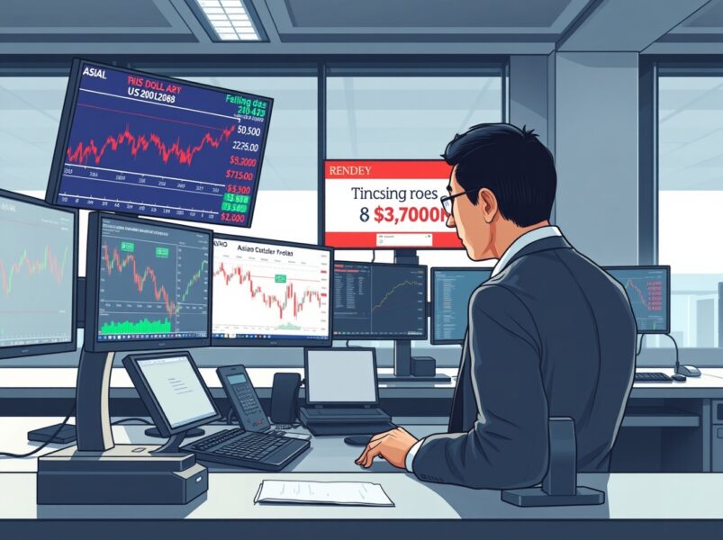 Trader monitors falling Asian currency charts as US-Iran peace talks collapse impacts forex markets