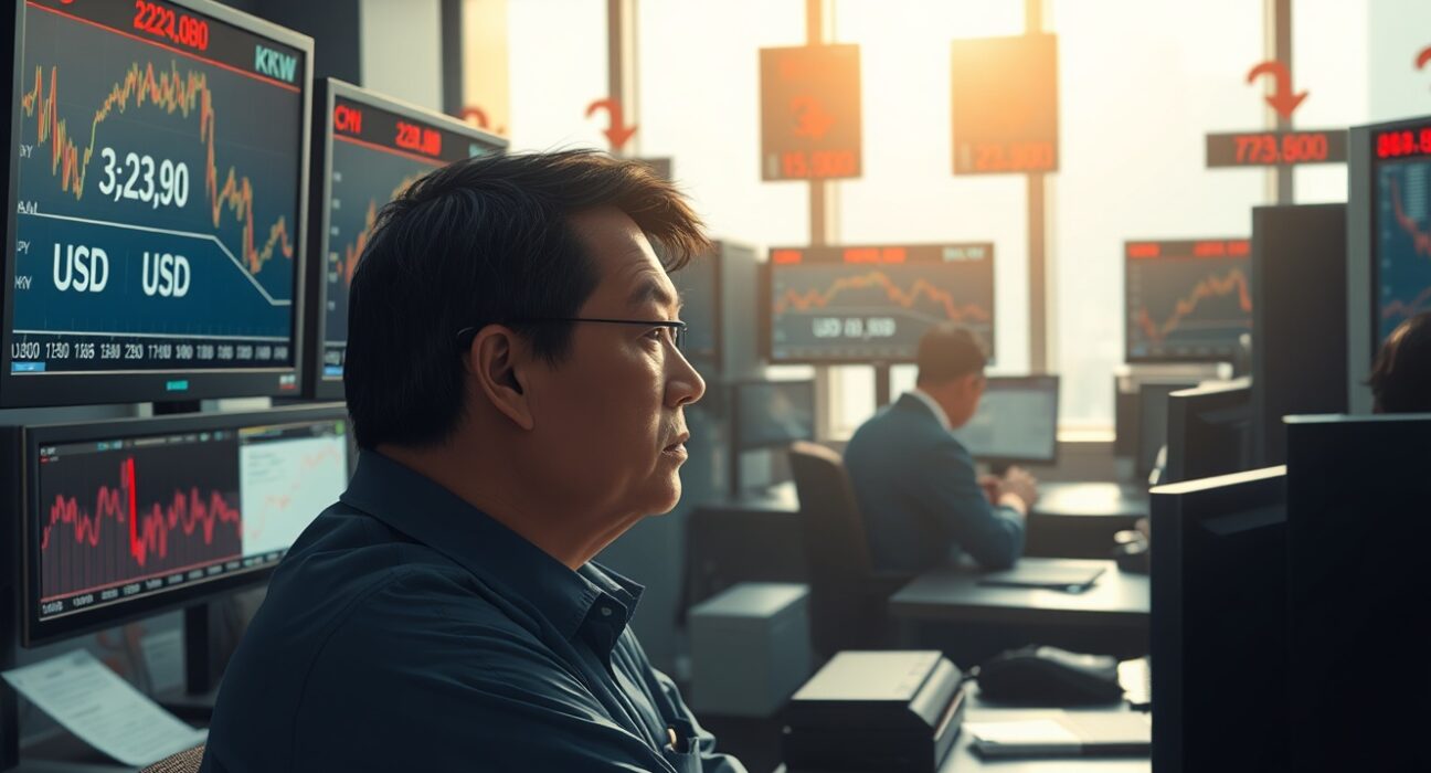 Asian currency trader monitors falling forex markets after Trump speech impacts risk sentiment