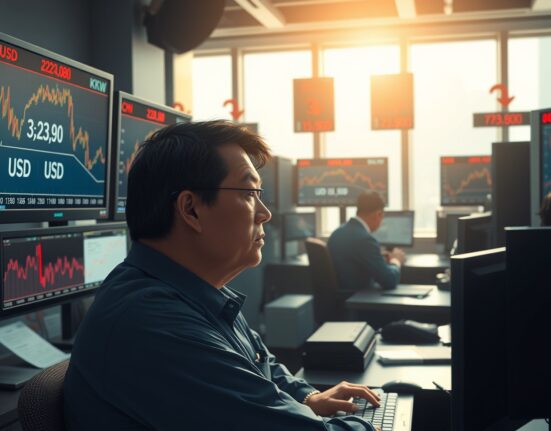 Asian currency trader monitors falling forex markets after Trump speech impacts risk sentiment