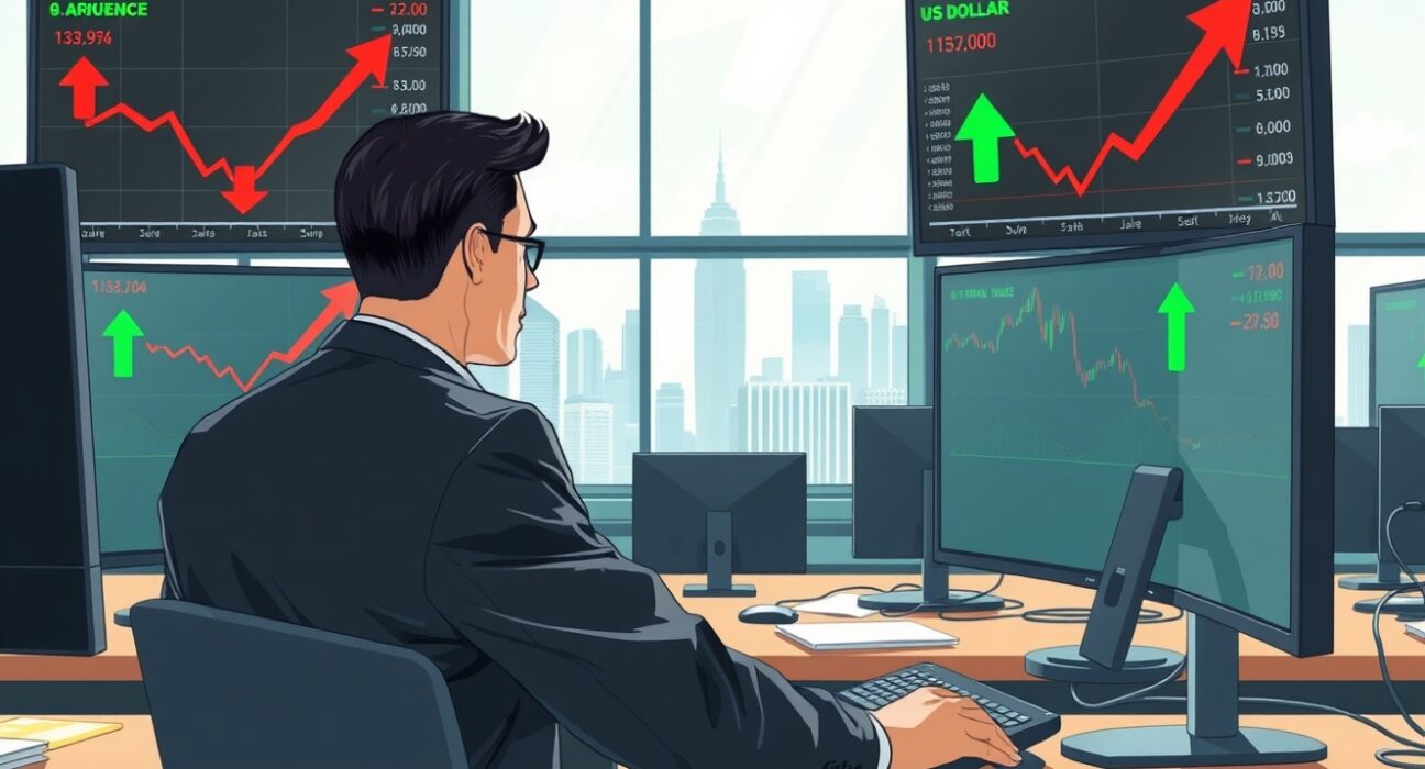 Trader monitors Asian currency decline and US dollar surge amid geopolitical tensions