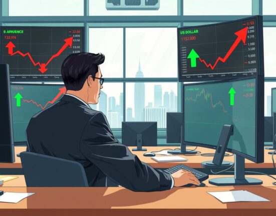 Trader monitors Asian currency decline and US dollar surge amid geopolitical tensions