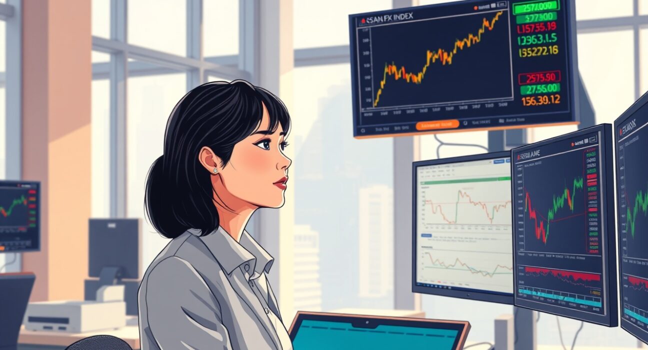 Trader analyzing Asian currency and US dollar exchange rate data on financial market monitors.