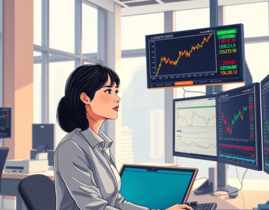 Trader analyzing Asian currency and US dollar exchange rate data on financial market monitors.