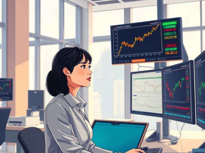 Trader analyzing Asian currency and US dollar exchange rate data on financial market monitors.