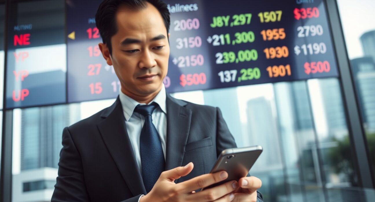 Asian currency exchange board and trader watching forex chart as dollar holds near one-month high
