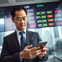 Asian currency exchange board and trader watching forex chart as dollar holds near one-month high
