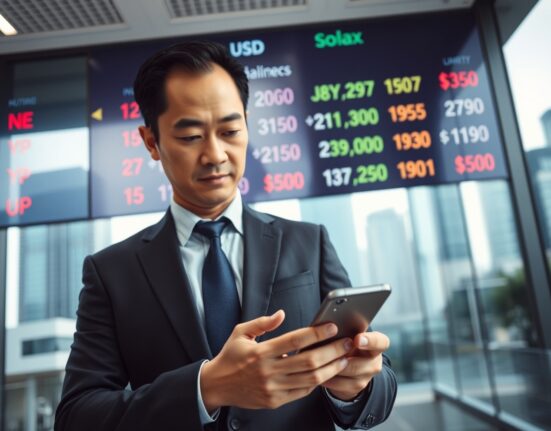 Asian currency exchange board and trader watching forex chart as dollar holds near one-month high