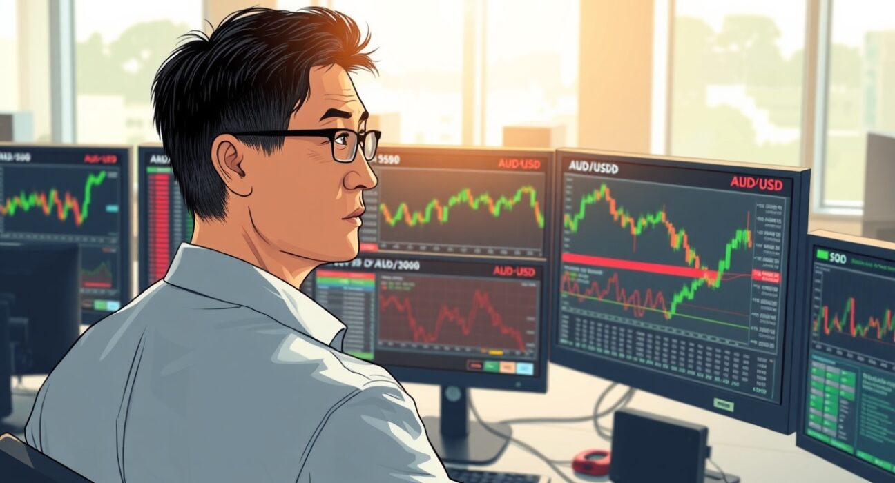 Financial analyst monitoring Asian currency and Australian dollar movements on trading screens amid market volatility.