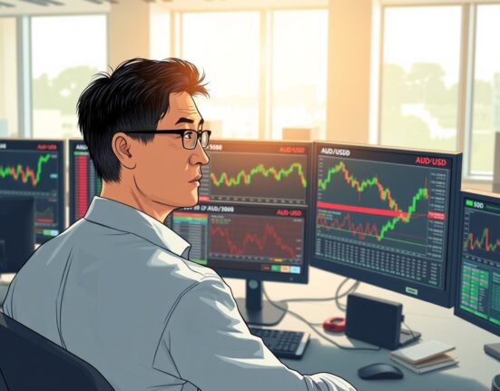 Financial analyst monitoring Asian currency and Australian dollar movements on trading screens amid market volatility.