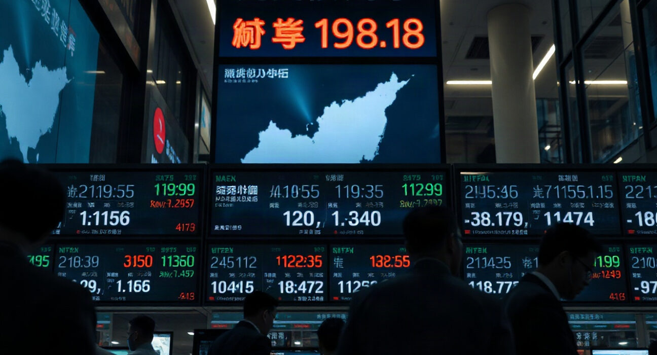 Currency exchange board in an Asian financial district showing fluctuating rates