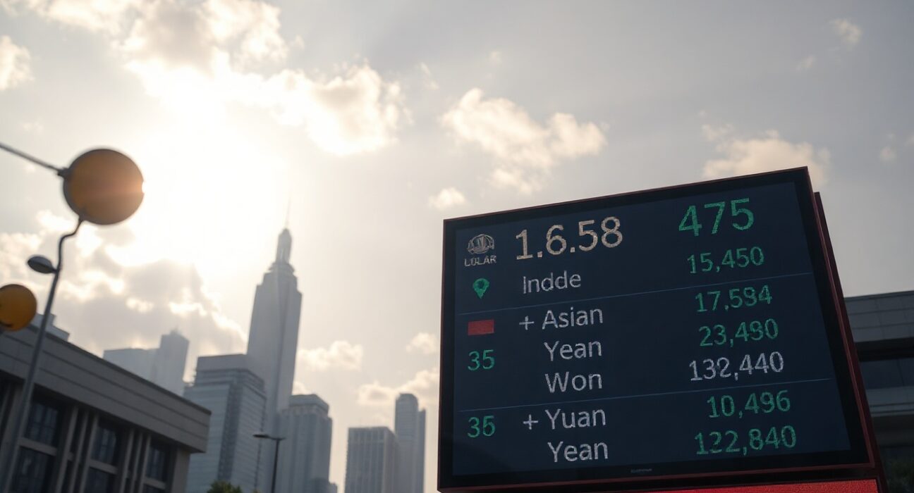 Asian financial district skyline at dawn with currency exchange board showing gains against the US dollar