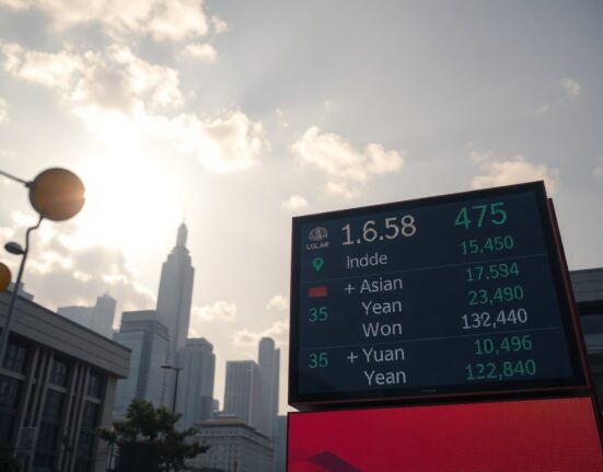 Asian financial district skyline at dawn with currency exchange board showing gains against the US dollar