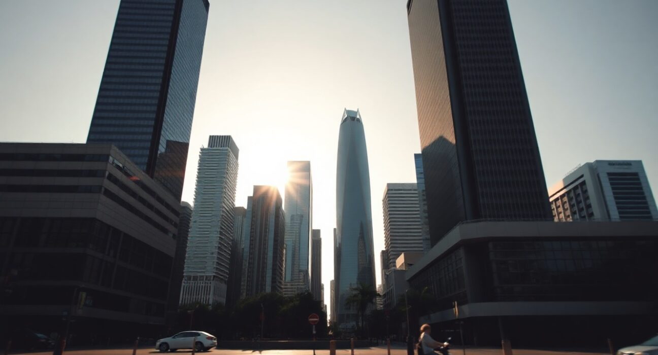 Asian financial district skyline at dawn with clear sky, representing currency market recovery