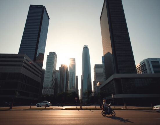 Asian financial district skyline at dawn with clear sky, representing currency market recovery