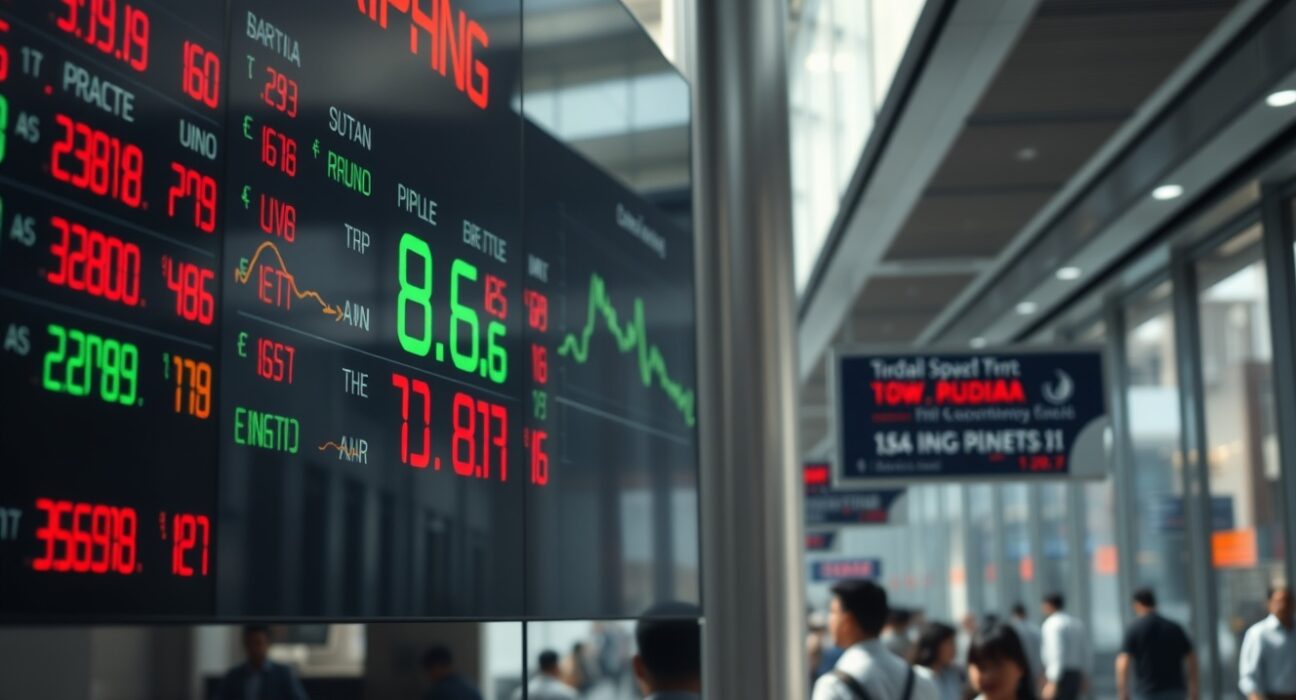 Currency exchange board showing falling Asian currencies, including Indian rupee, amid geopolitical tensions