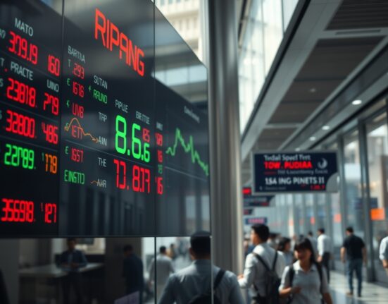 Currency exchange board showing falling Asian currencies, including Indian rupee, amid geopolitical tensions