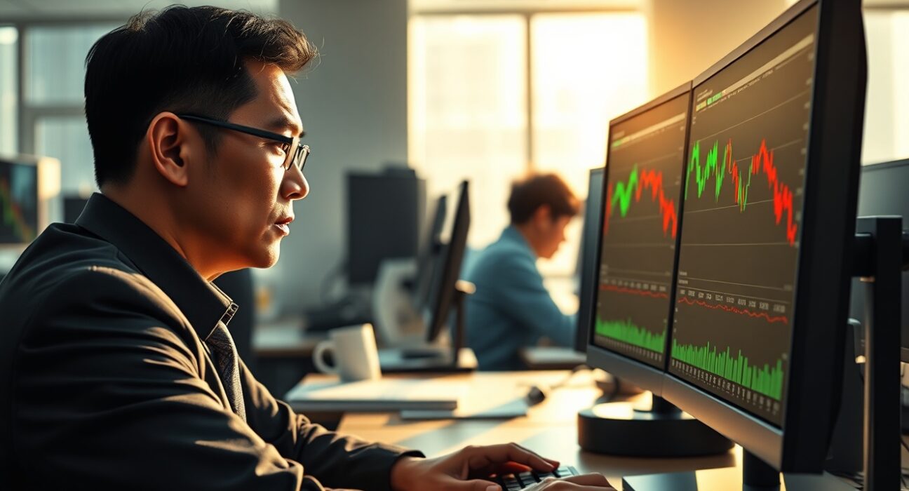 Asian forex trader monitors currency markets as yuan surges and regional currencies weaken amid Iran tensions