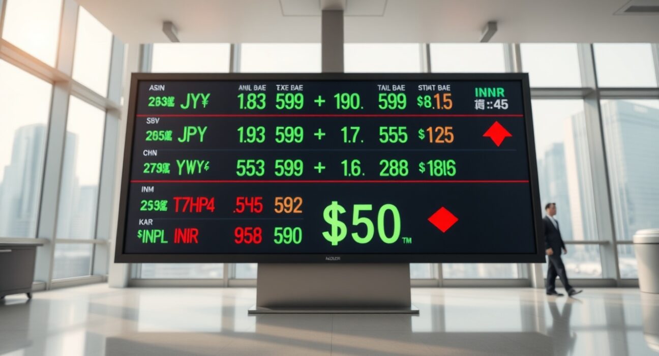 Currency exchange board showing Asian FX rates with green and red arrows