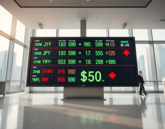 Currency exchange board showing Asian FX rates with green and red arrows