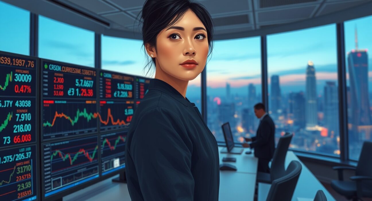 Financial analyst monitoring Asian currency markets amid geopolitical uncertainty affecting risk sentiment.