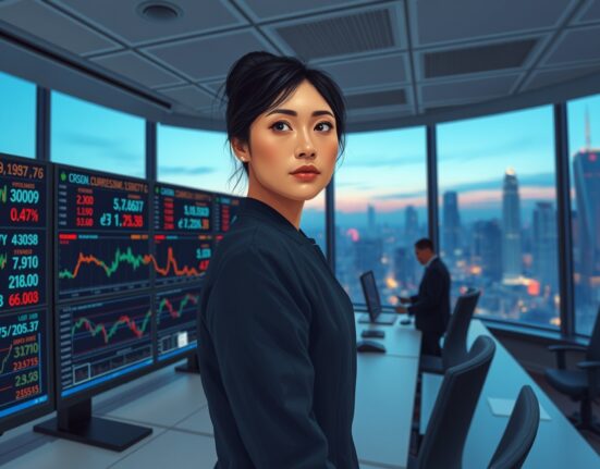 Financial analyst monitoring Asian currency markets amid geopolitical uncertainty affecting risk sentiment.