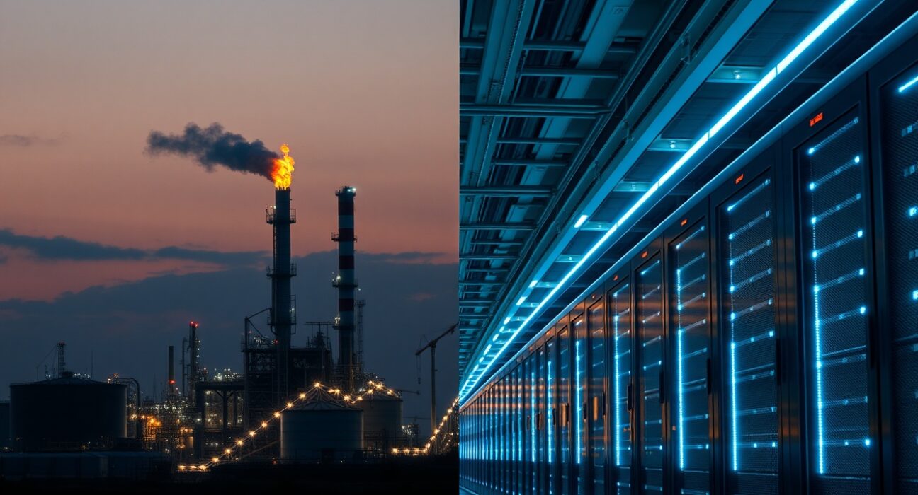 Split scene showing an oil refinery at dusk and a modern data center, representing divergent Asian FX drivers