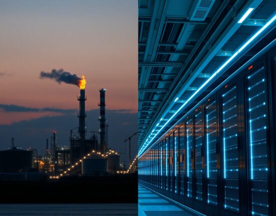 Split scene showing an oil refinery at dusk and a modern data center, representing divergent Asian FX drivers