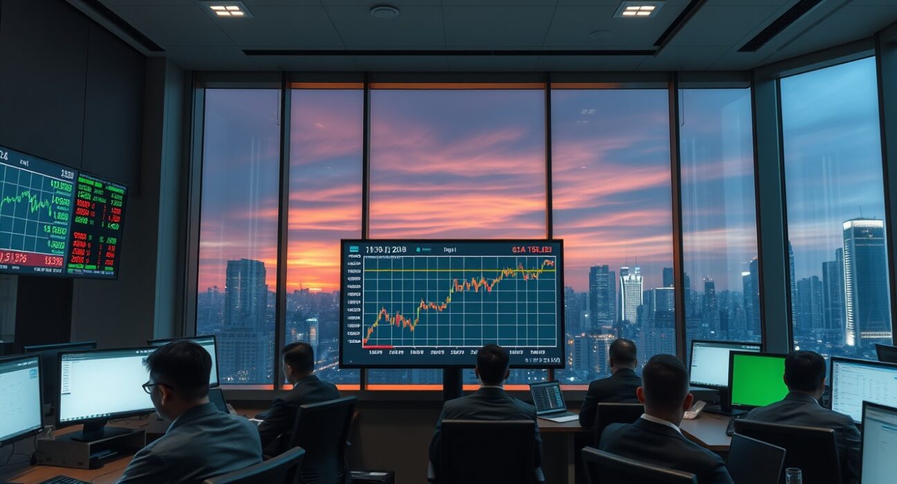 Traders monitoring currency charts on screens in a calm Asian financial trading floor.