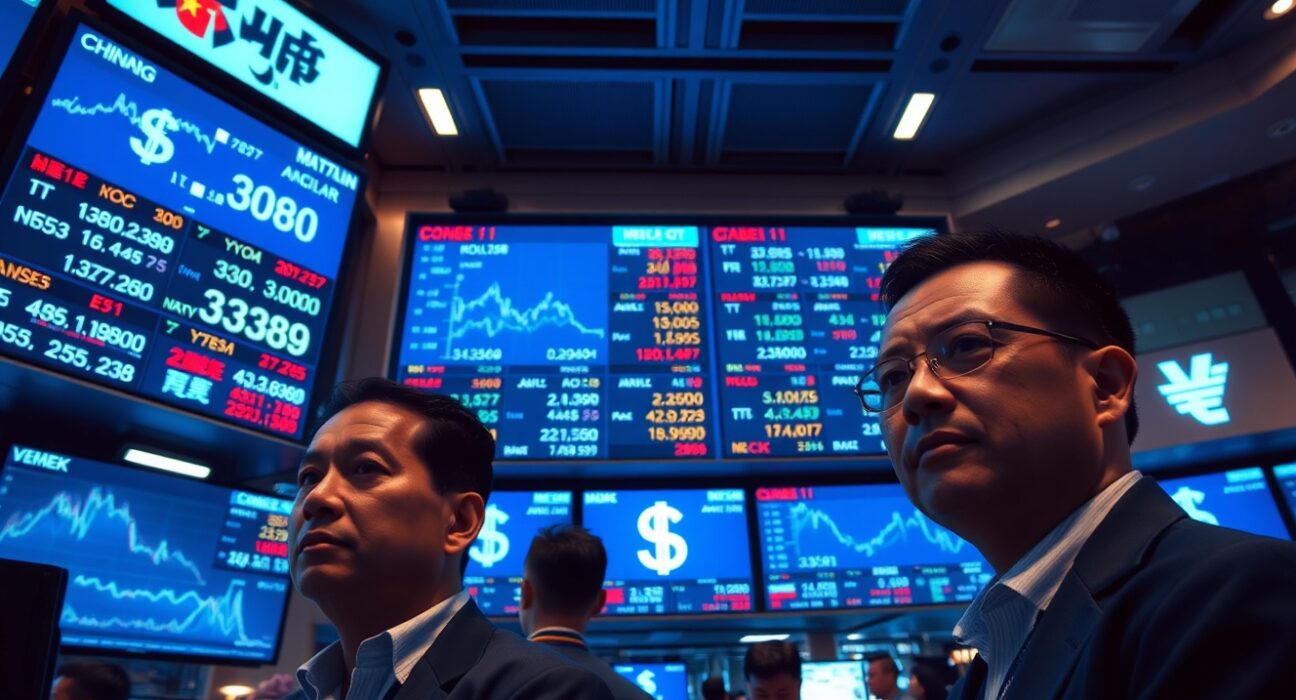 Trading floor screens showing Asian currency pairs and US dollar index charts
