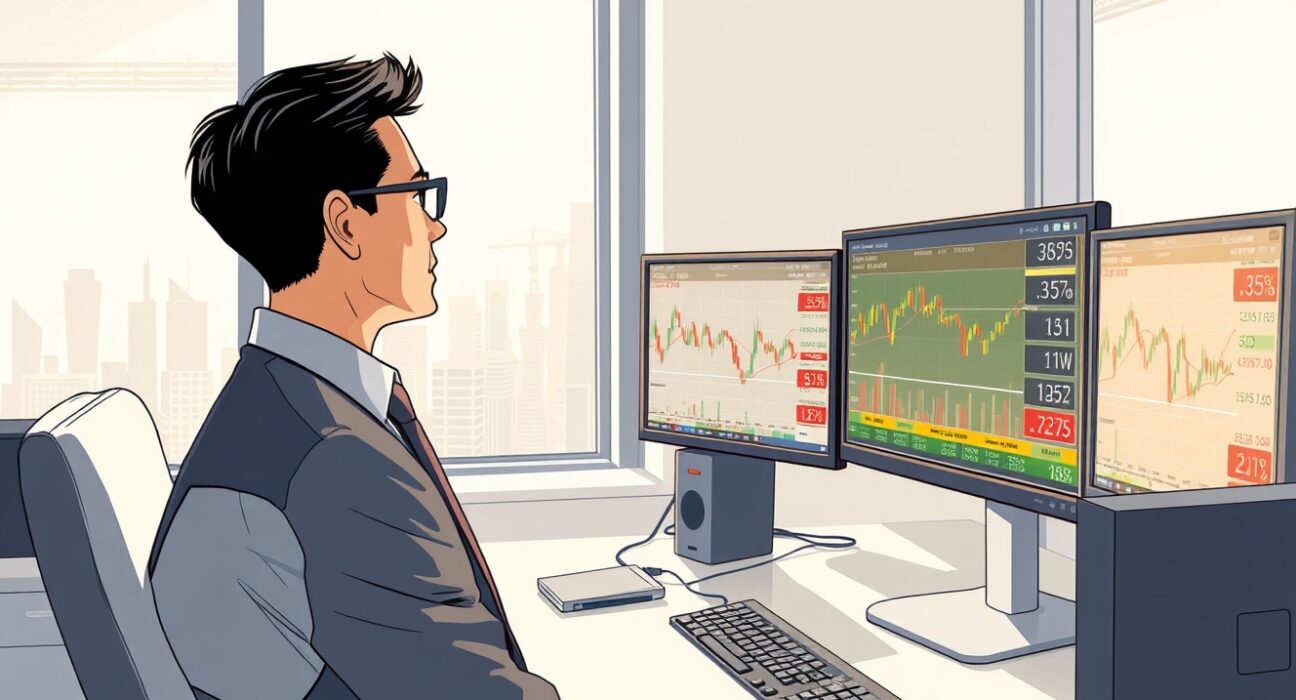 Financial analyst monitoring Asian currency and energy price data showing economic risk indicators