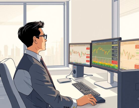 Financial analyst monitoring Asian currency and energy price data showing economic risk indicators