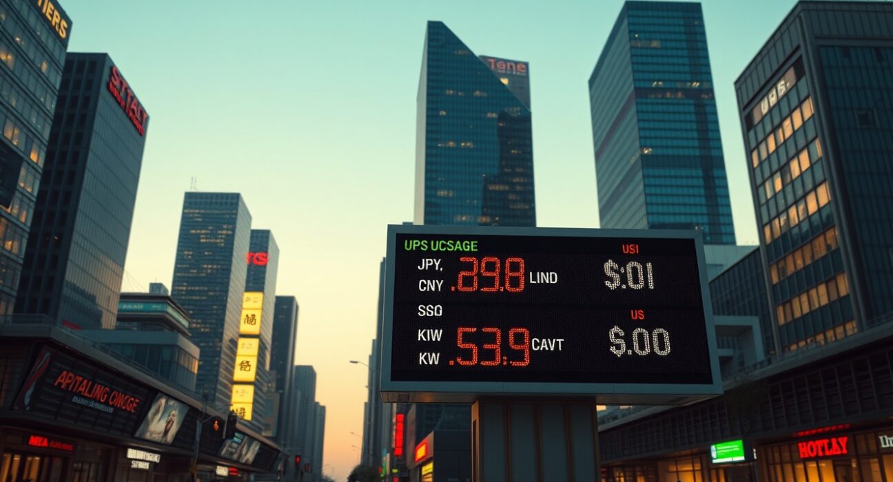 Asian FX market analysis showing currency fluctuations driven by geopolitical tensions in financial district